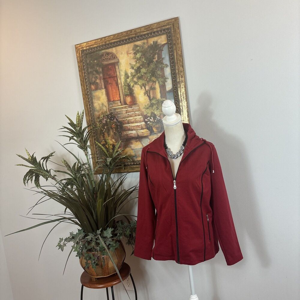 Weekends By Chicos 1 Long Sleeve Zip‎ Jacket Pockets Black Trim Red High Neck